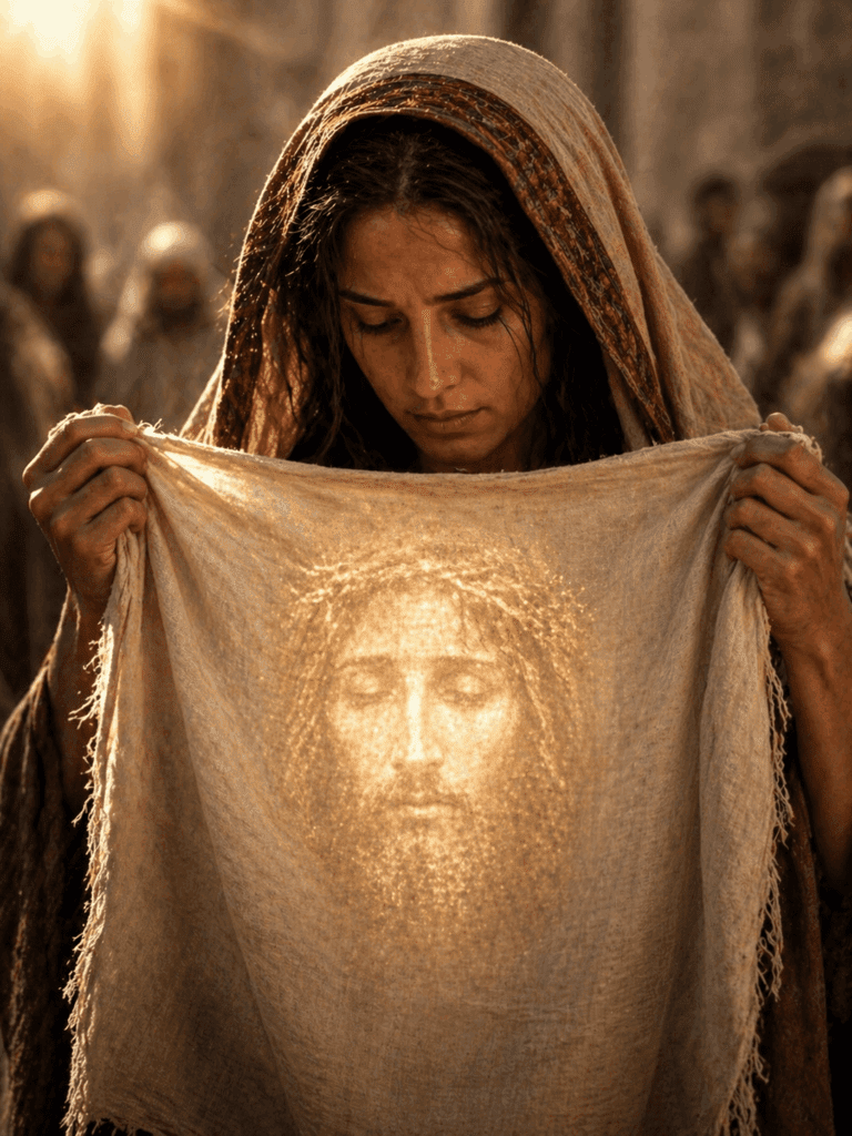 Fourth Sorrowful Mystery of the Rosary. The Holy Face of Jesus is miraculously imprinted on Veronica’s veil after she wipes His face on the road to Calvary.