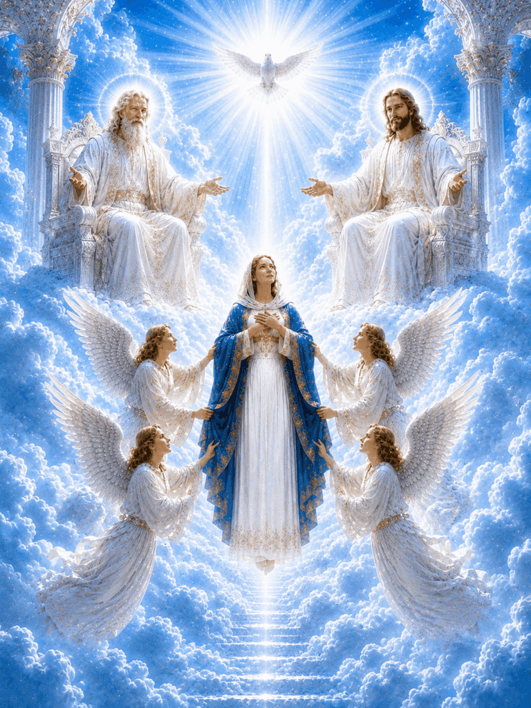Fourth Glorious Mystery of the Rosary. The Holy Trinity welcomes Mary into Heaven as she shares in the glory of her Son and rejoices in the presence of God.