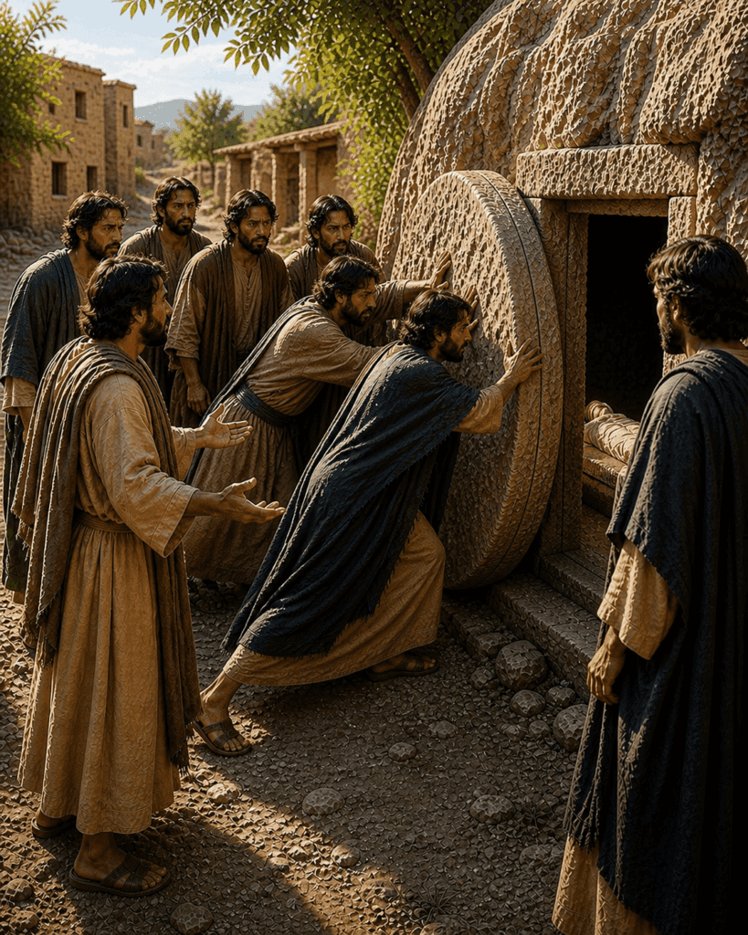 Fourth Glorious Mystery of the Rosary. Thomas arrives and finds Mary’s tomb open and empty, witnessing a sign of her Assumption into Heaven.