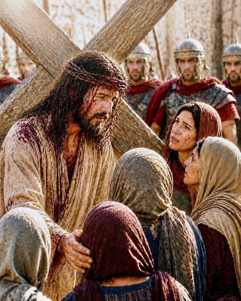 Fourth Sorrowful Mystery of the Rosary. Jesus consoles the women of Jerusalem as He carries the cross, urging them to weep not for Him but for themselves and their children.