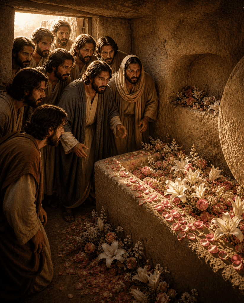 Fourth Glorious Mystery of the Rosary. The apostles enter Mary’s tomb and find it empty, confirming that she has been assumed body and soul into Heaven.