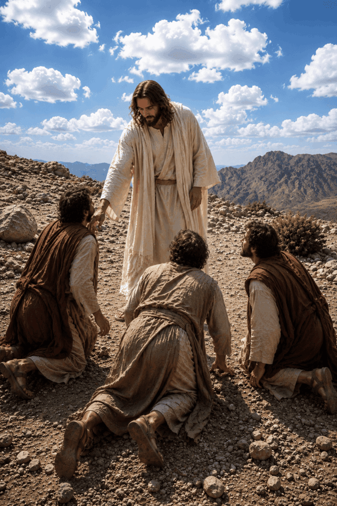Fourth Luminous Mystery of the Rosary. Jesus touches the apostles and says, ‘Do not be afraid. Get up,’ reassuring them after witnessing His Transfiguration.