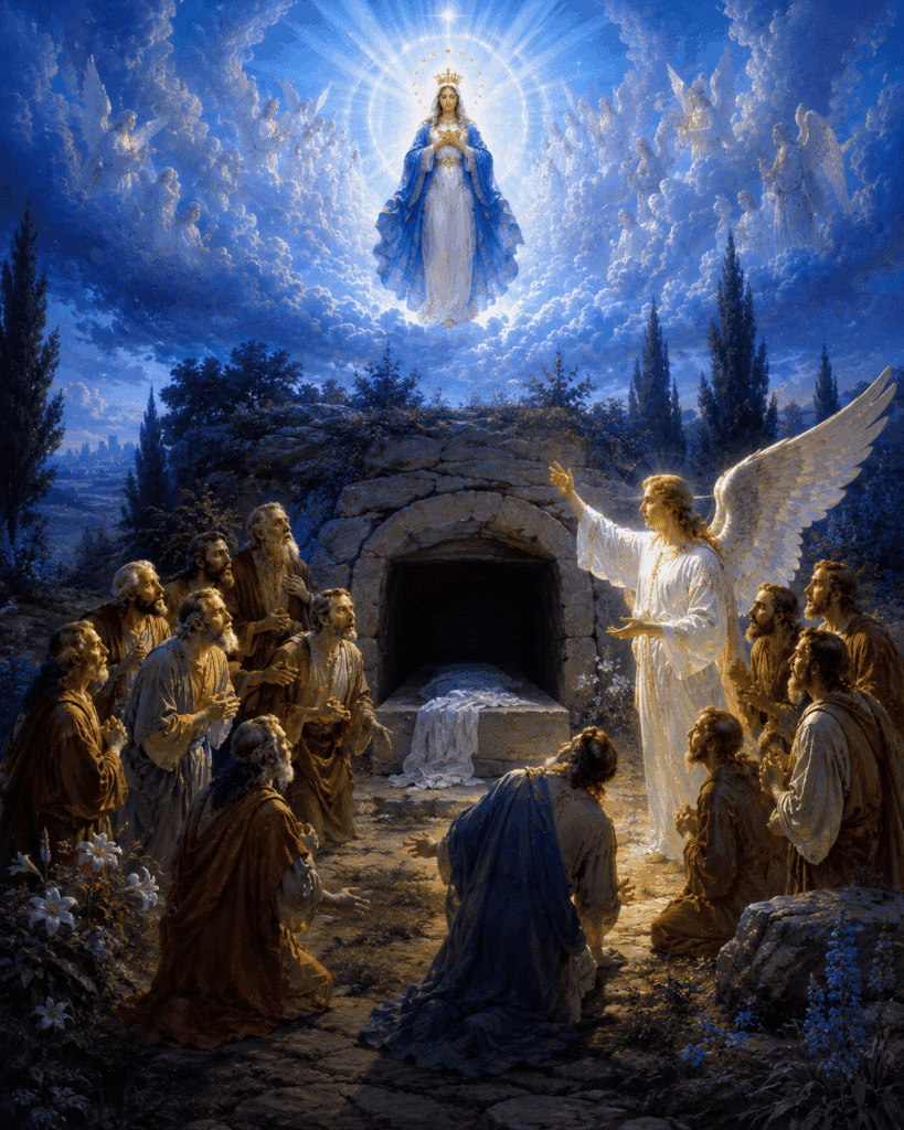 Fourth Glorious Mystery of the Rosary. An angel appears to the apostles and assures them that Mary has been assumed body and soul into Heaven.