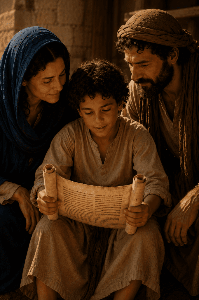 The young Jesus reads the Scriptures while Mary and Joseph look on, as He grows in wisdom, age, and favor before God and man.
