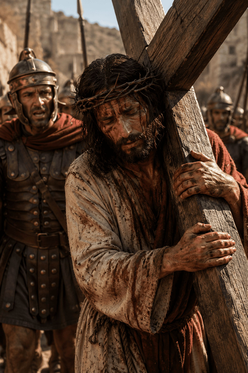Fourth Sorrowful Mystery of the Rosary. After falling beneath the weight of the cross, Jesus rises and continues on the road to Calvary to complete His saving mission.