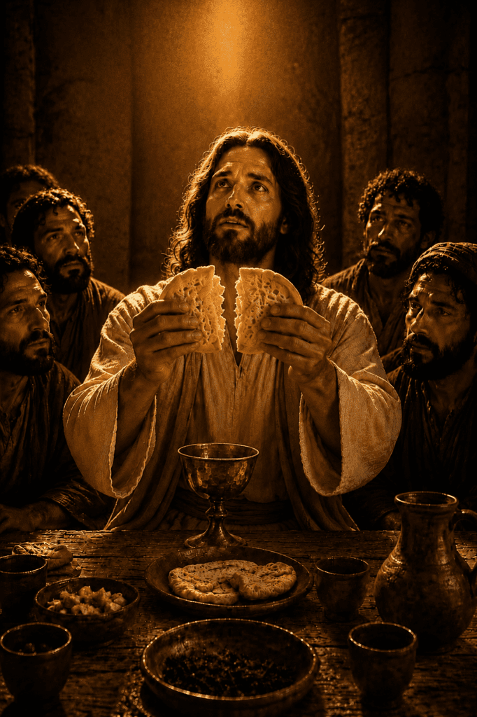 Fifth Luminous Mystery of the Rosary. Jesus breaks the bread at the Last Supper and says, ‘This is My Body,’ instituting the Holy Eucharist.