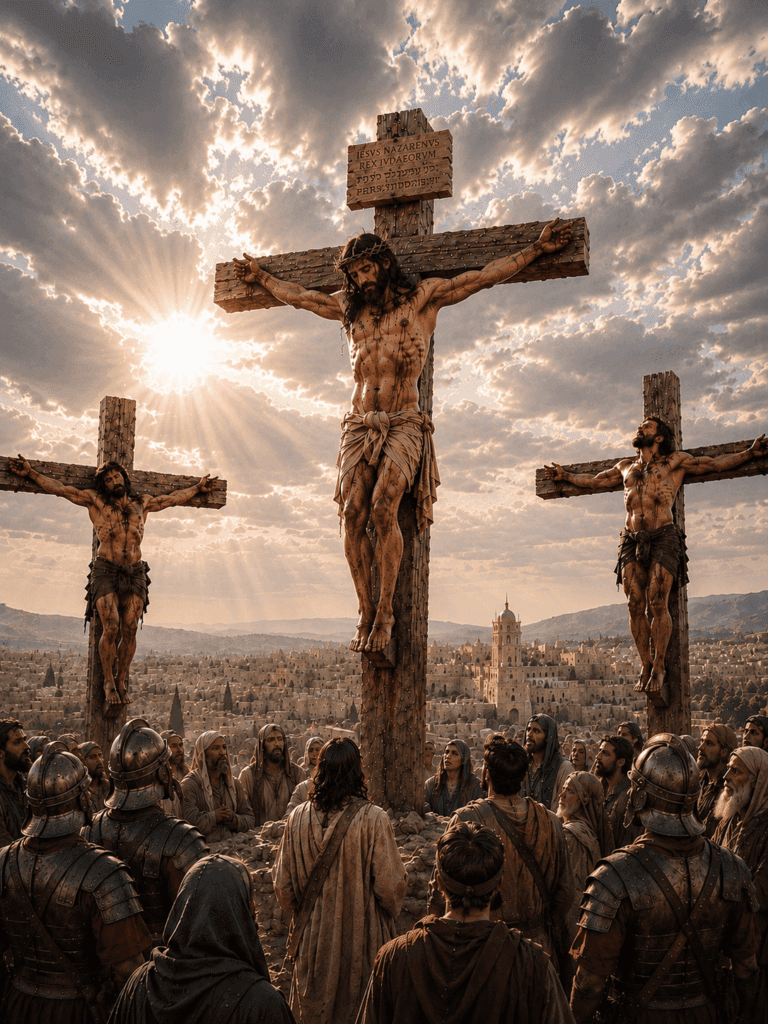 Fifth Sorrowful Mystery of the Rosary. Jesus is raised upon the cross of between two criminals on Calvary, offering His life for the salvation of the world.