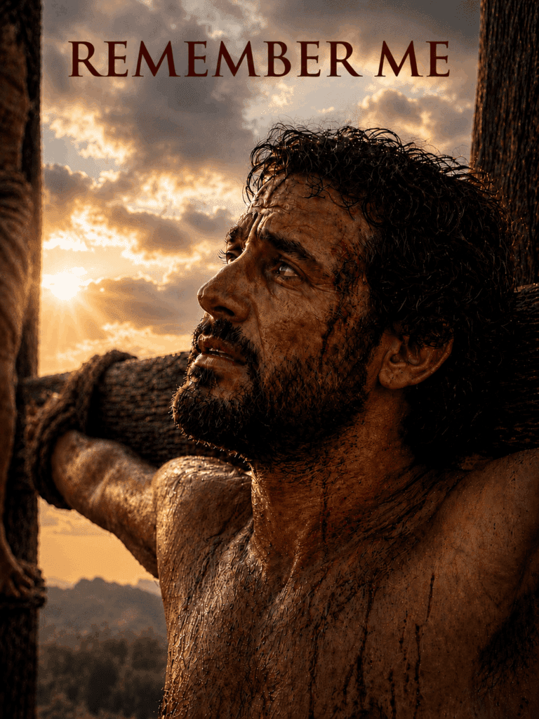 “Fifth Sorrowful Mystery of the Rosary. The good thief turns to Jesus on the cross and says, ‘Jesus, remember me when You come into Your kingdom,’ placing his trust in Christ’s mercy.”


