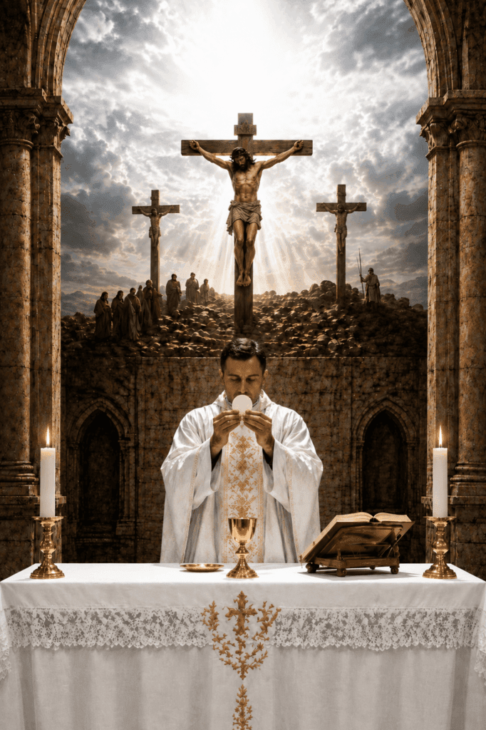 Fifth Luminous Mystery of the Rosary. The sacrifice of Calvary is made present at every Mass as the priest consecrates the Eucharist in memory of Christ’s saving sacrifice