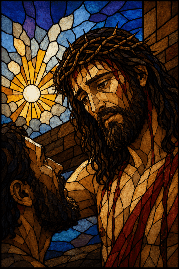 Fifth Sorrowful Mystery of the Rosary. Jesus promises the good thief, ‘Today you will be with Me in paradise,’ revealing His mercy and the hope of eternal life.