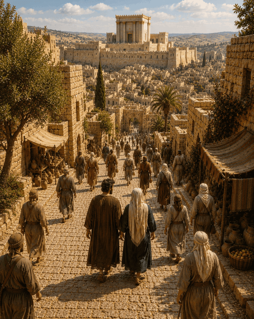 Mary and Joseph search anxiously for Jesus
