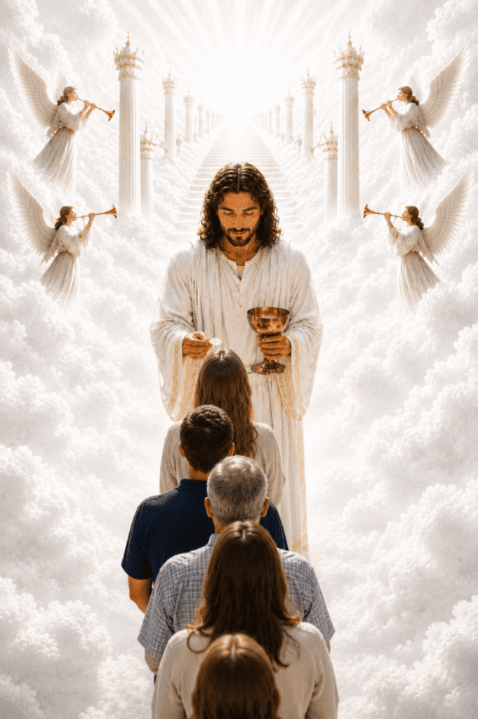 Fifth Luminous Mystery of the Rosary. The Holy Eucharist is a foretaste of Heaven, uniting believers with Christ and the heavenly banquet.