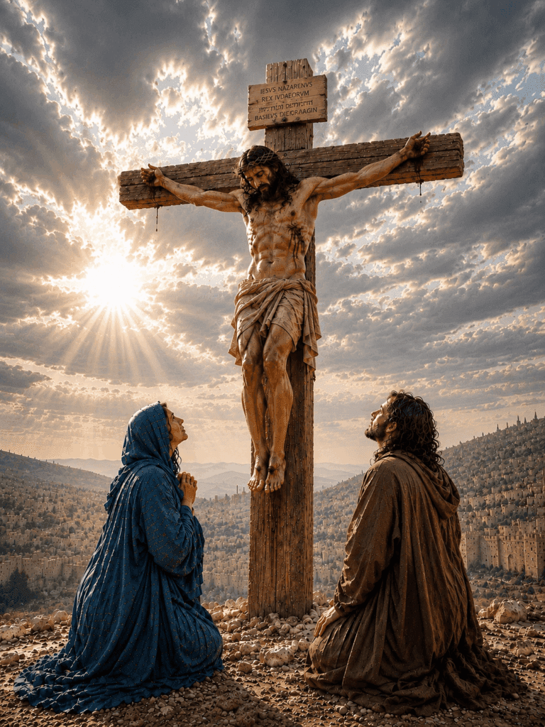 Fifth Sorrowful Mystery of the Rosary. From the cross, Jesus entrusts His mother Mary to John and to all His followers, saying, ‘Behold your mother.