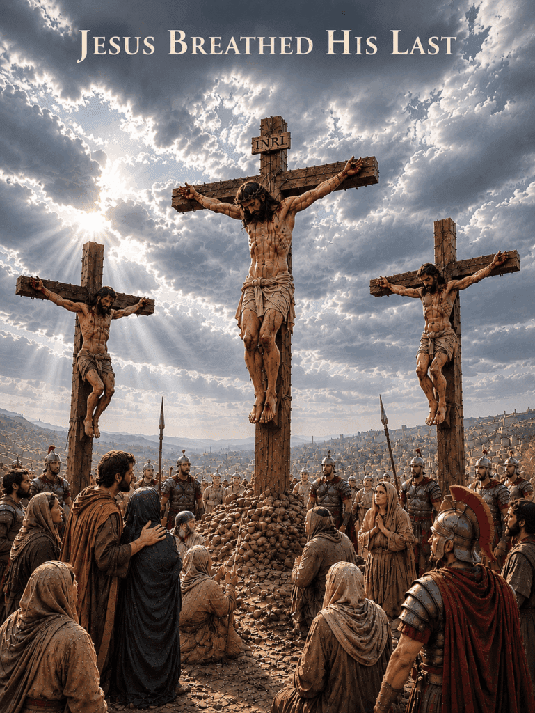 Fifth Sorrowful Mystery of the Rosary. Jesus cries out from the cross, ‘Father, into Your hands I commend My spirit,’ and breathes His last for the salvation of the world.