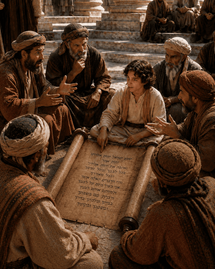 Jesus sits among the teachers in the Temple