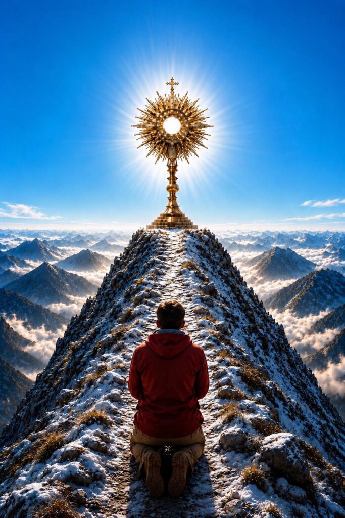 Fifth Luminous Mystery of the Rosary. A person kneels in Eucharistic adoration before a monstrance on a mountain, reflecting that the Holy Eucharist is the source and summit of the Christian life.