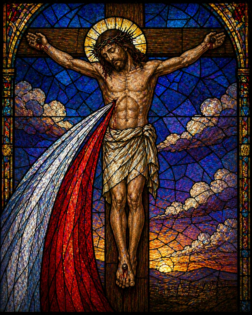 Fifth Sorrowful Mystery of the Rosary. A soldier pierces the side of Jesus with a lance, and blood and water flow forth for the salvation of souls.