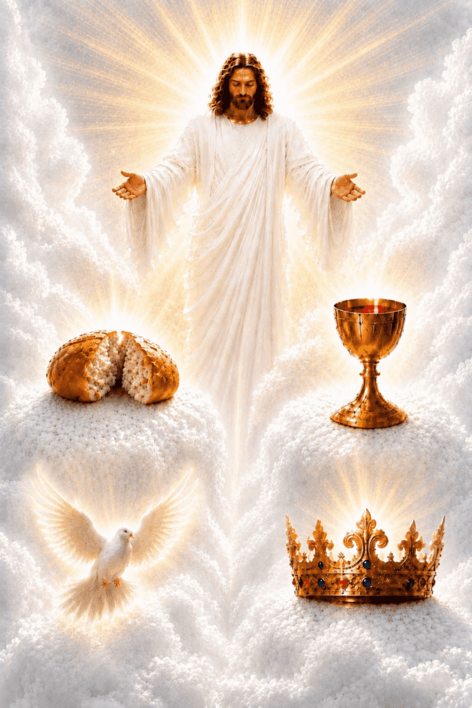 Fifth Luminous Mystery of the Rosary. Jesus is shown with the Eucharistic bread and chalice, with symbols of His divinity, illustrating the Real Presence of Christ—Body, Blood, Soul, and Divinity—in the Holy Eucharist.