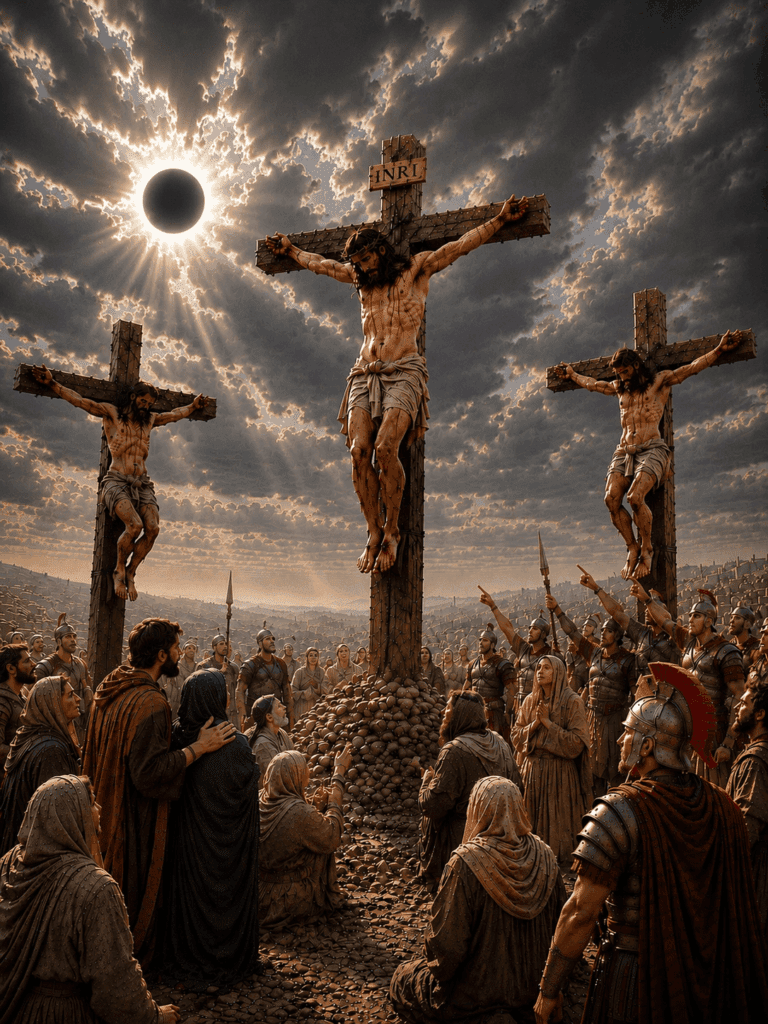 Fifth Sorrowful Mystery of the Rosary. As Jesus hangs upon the cross, darkness covers the land from noon until three o’clock, marking the solemn hour of His sacrifice.