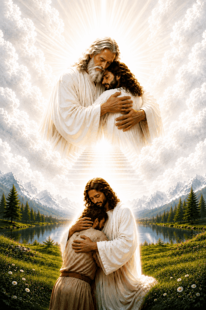 Fifth Luminous Mystery of the Rosary. Above, the Heavenly Father embraces Jesus in divine love. Below, Jesus embraces a believer, illustrating His words, ‘As the Father loves Me, so I also love you.