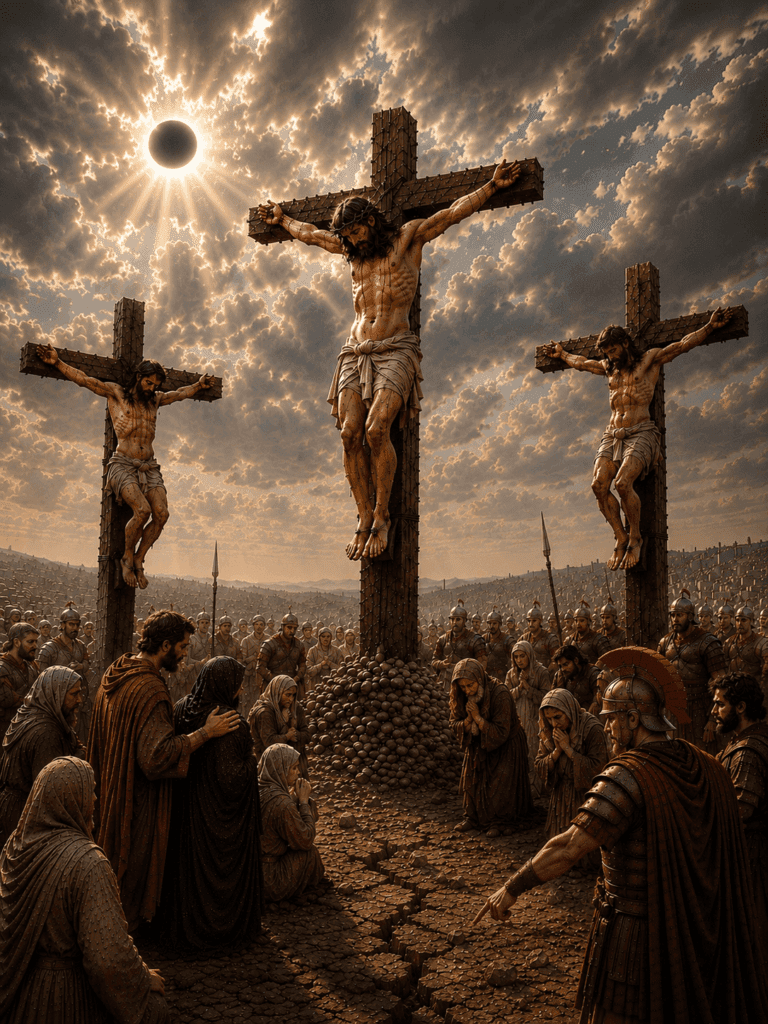 Fifth Sorrowful Mystery of the Rosary. At the death of Jesus, a violent earthquake shakes the earth and the rocks are split apart, revealing the power of His sacrifice.