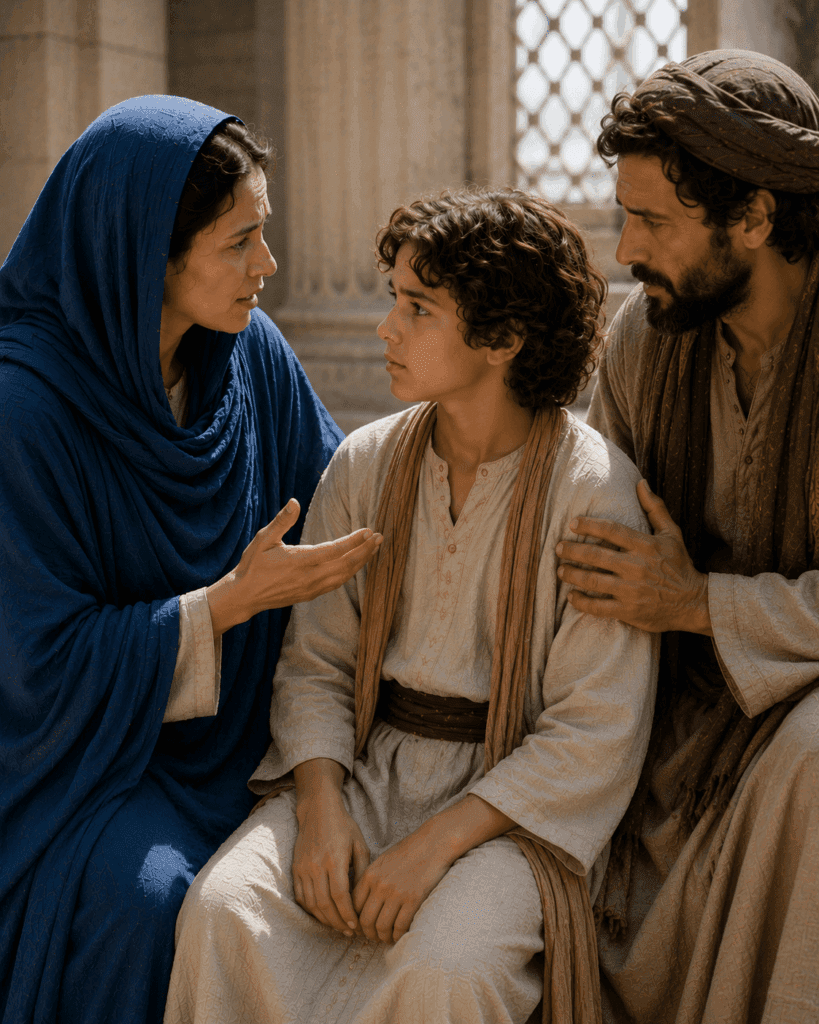 Mary asks Jesus why He remained behind