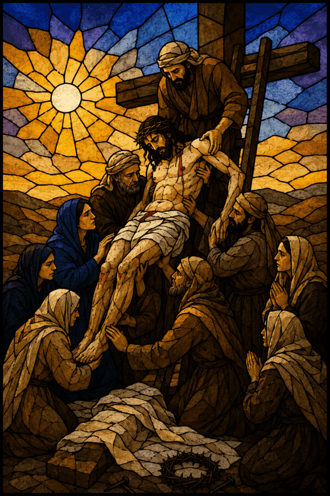 Fifth Sorrowful Mystery of the Rosary. Joseph of Arimathea and others reverently take the body of Jesus down from the cross after His death.