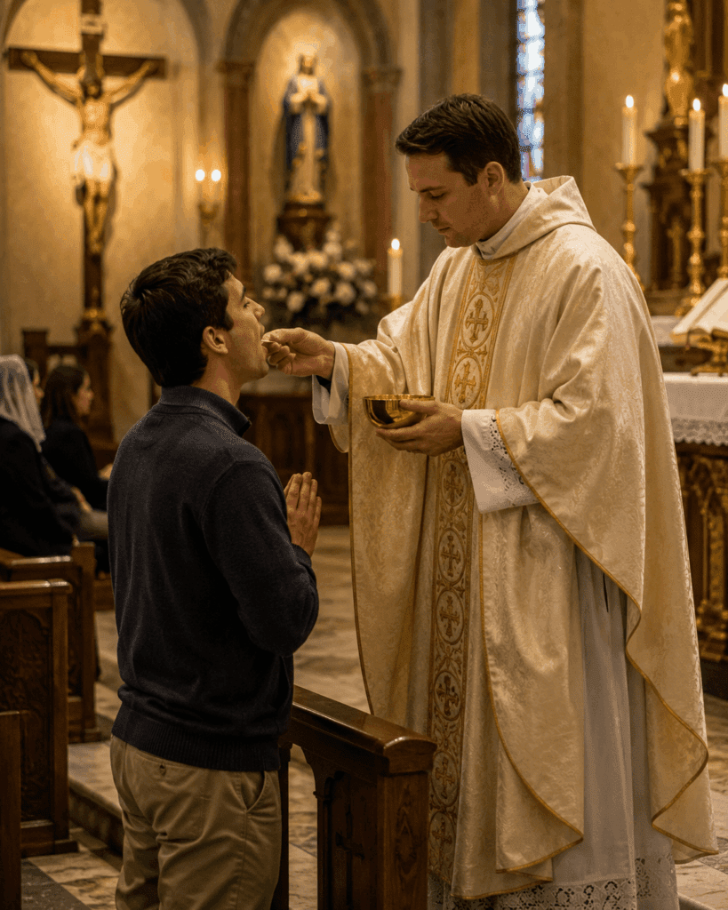 Fifth Luminous Mystery of the Rosary. A priest distributes Holy Communion during Mass as the faithful receive the Eucharist, becoming more deeply united with Jesus Christ in love.