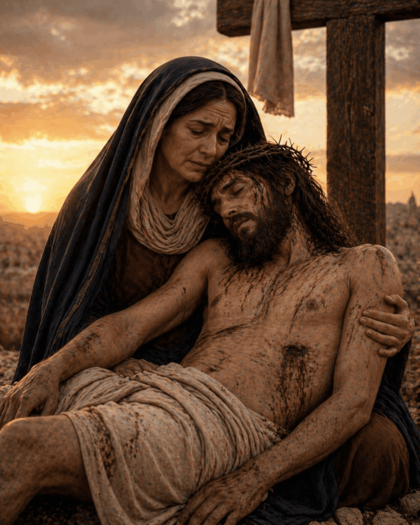 Fifth Sorrowful Mystery of the Rosary. Mary sorrowfully embraces the body of her Son Jesus after He is taken down from the cross, sharing in His suffering with a mother’s love.