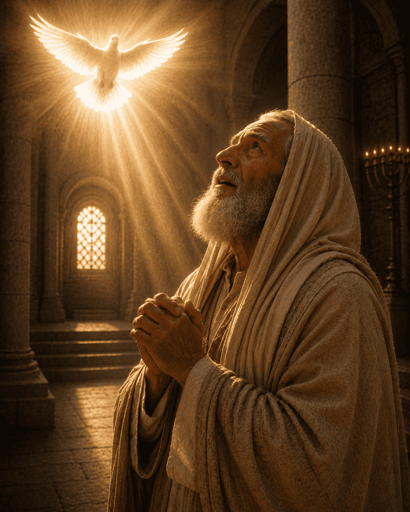 Fourth Joyful Mystery: While praying in the Temple, Simeon is filled with the Holy Spirit and is promised that he will not die before seeing the promised Messiah.