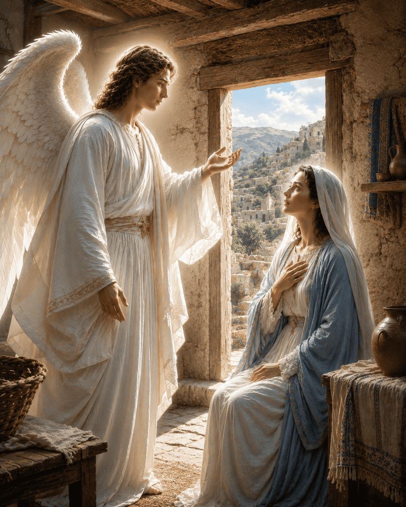 Angel Gabriel announces to Mary that she will conceive Jesus during the Annunciation.