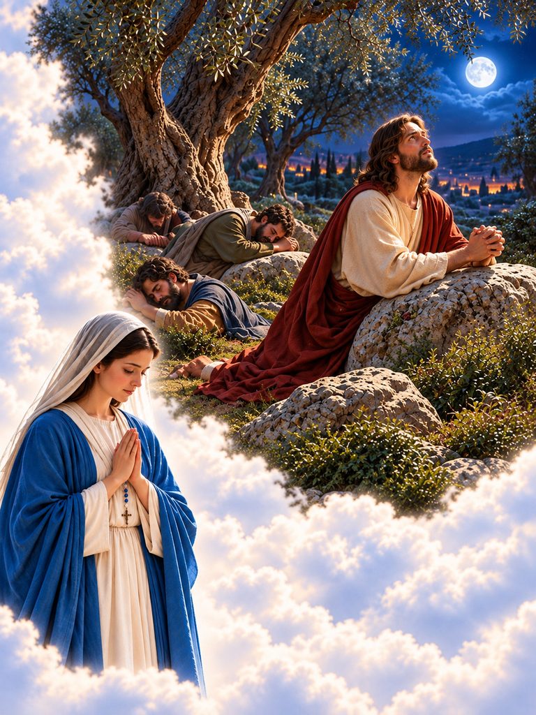  Jesus prays in the Garden of Gethsemane while His disciples sleep and Mary reflects in prayer.

