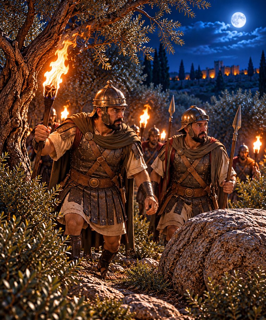 Soldiers carrying torches enter the Garden of Gethsemane at night to arrest Jesus.