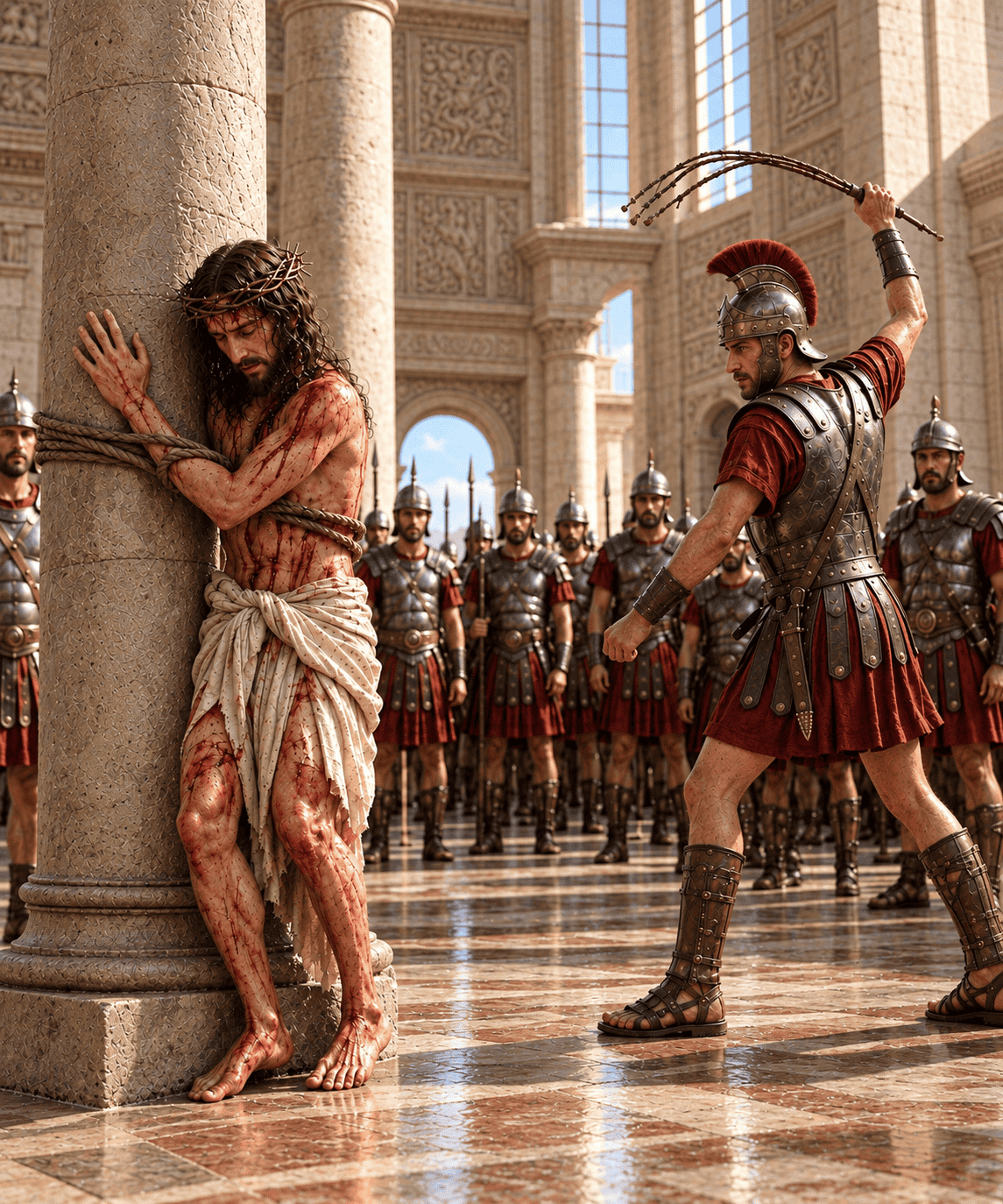 Jesus is scourged at the pillar by a Roman soldier in a bright stone courtyard, showing that He was crushed for our iniquities.