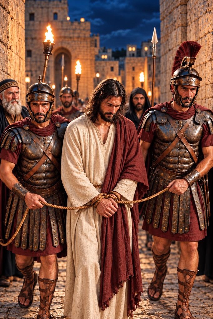 Jesus is led away by soldiers, fulfilling Isaiah’s prophecy, “Like a lamb led to slaughter.”

