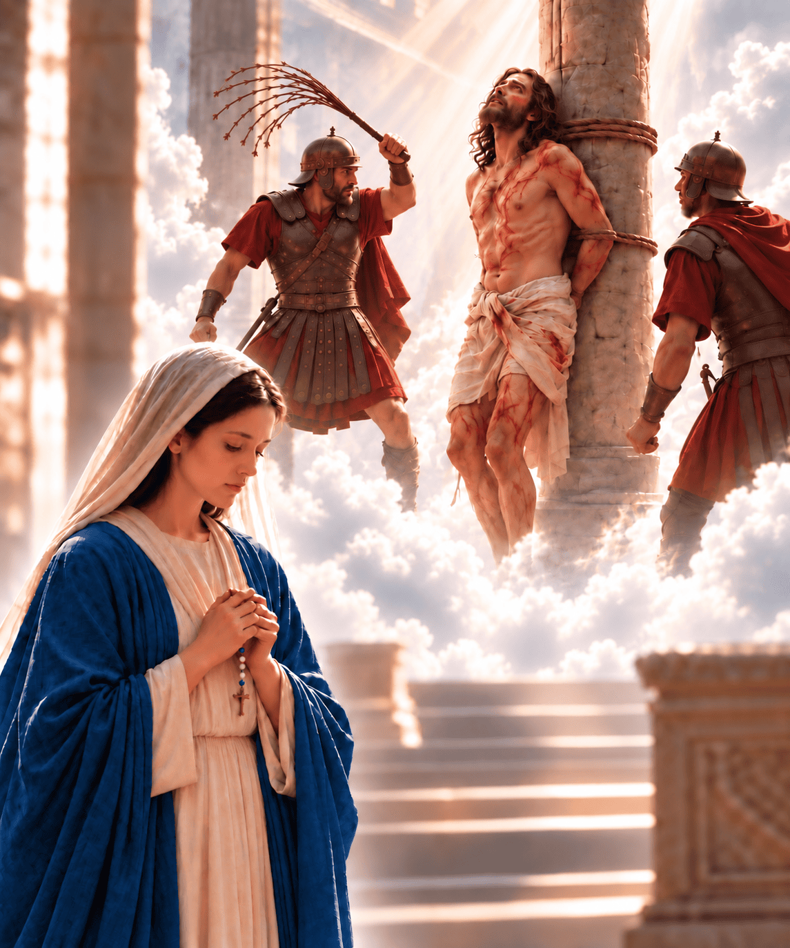 Jesus is scourged at the pillar while Mary prays in sorrow.