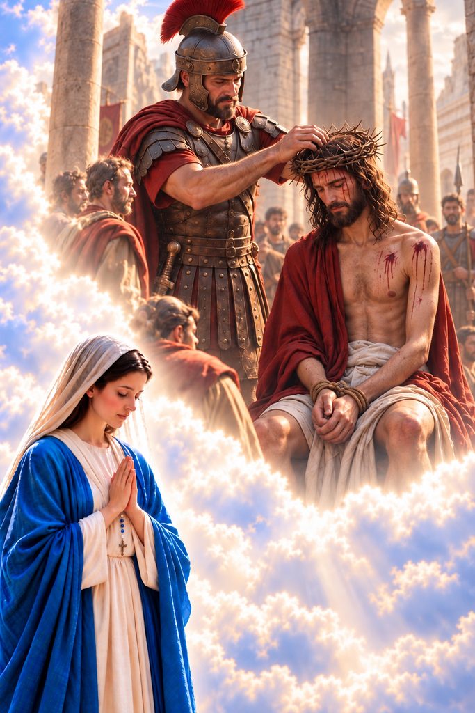 A Roman soldier places the crown of thorns on Jesus.