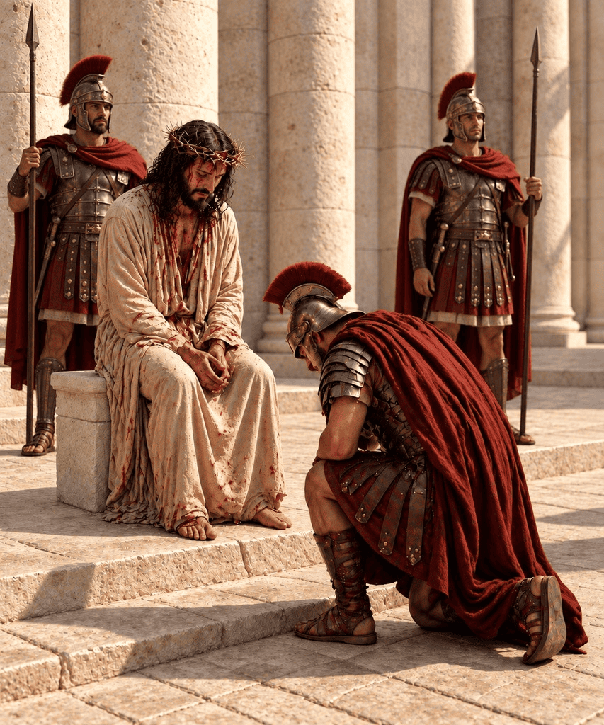 A Roman soldier kneels before Jesus in mock homage as Jesus sits crowned with thorns.