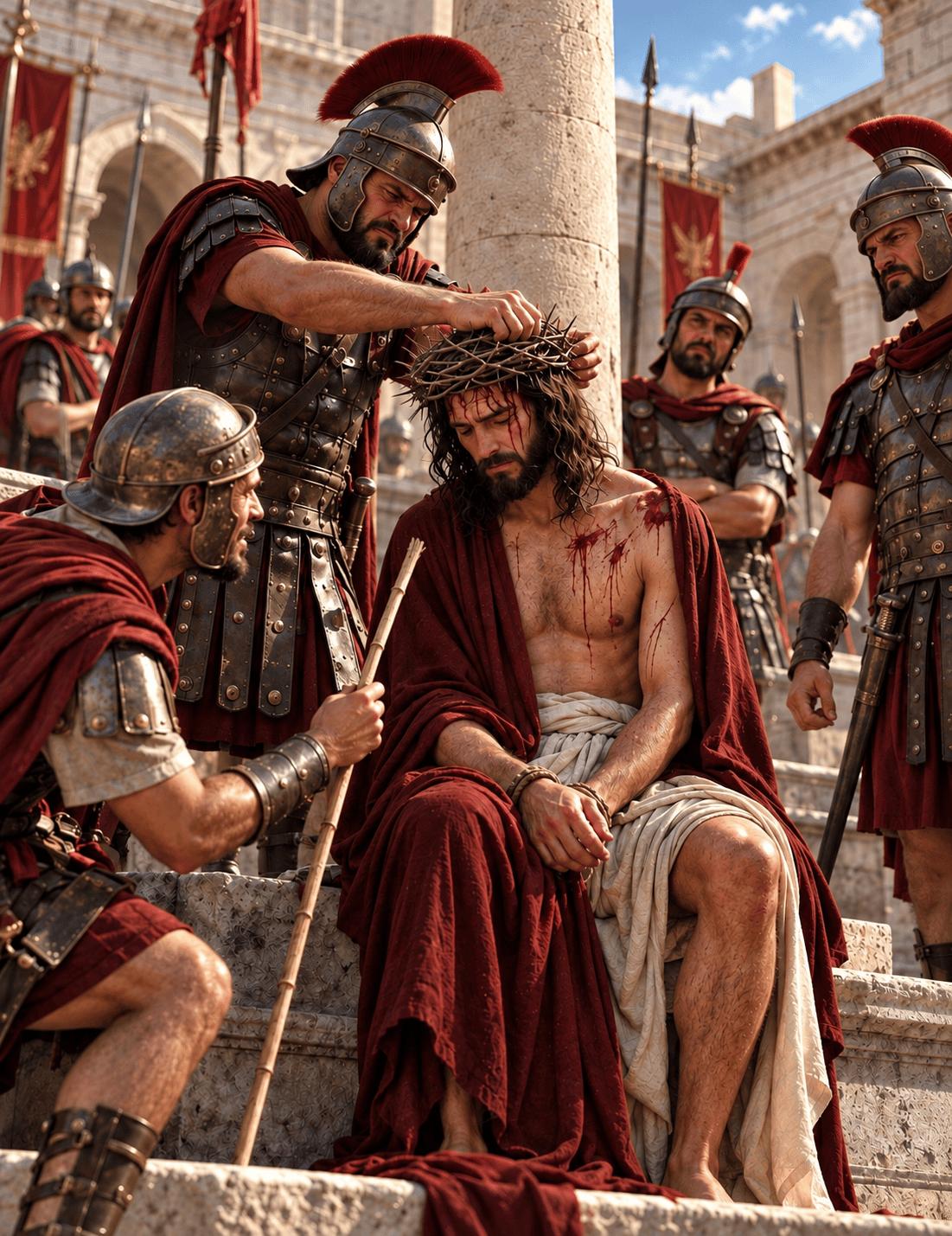 Jesus sits in a dark red robe as Roman soldiers press a crown of thorns onto His head.