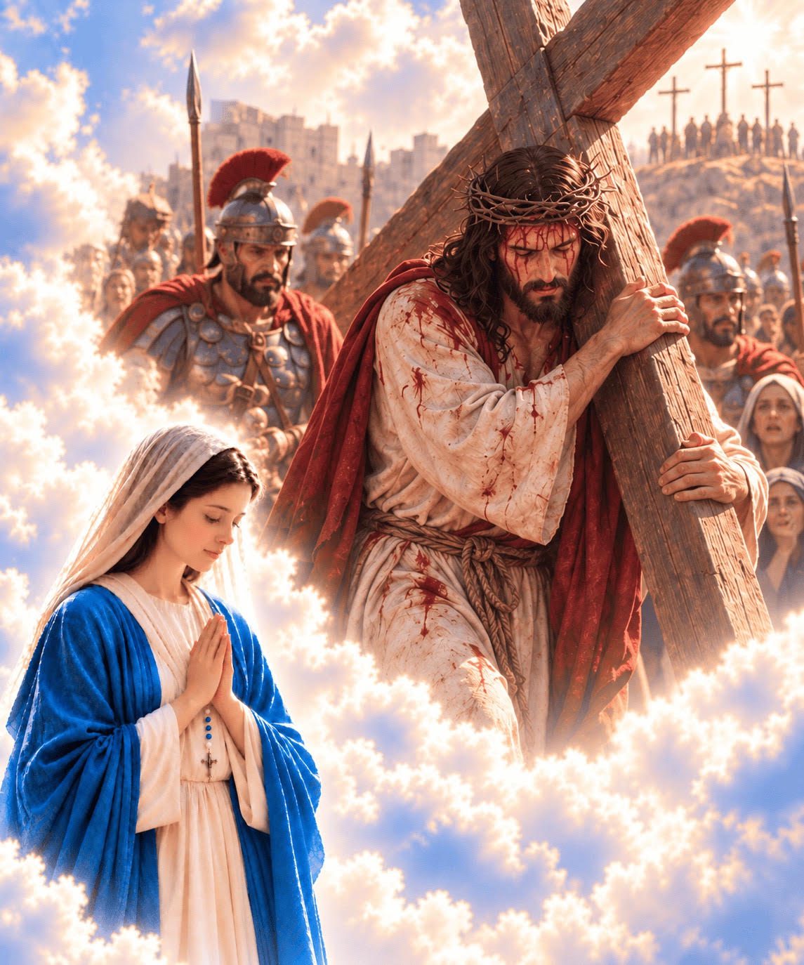 Fourth Sorrowful Mystery: Jesus carries the cross toward Calvary as Mary prays in sorrow.