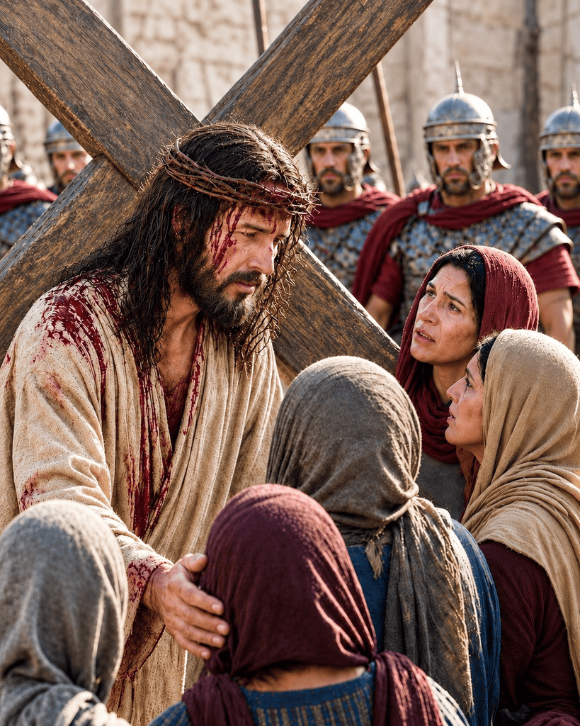 Jesus consoles the women of Jerusalem while carrying the cross on the way to Calvary.