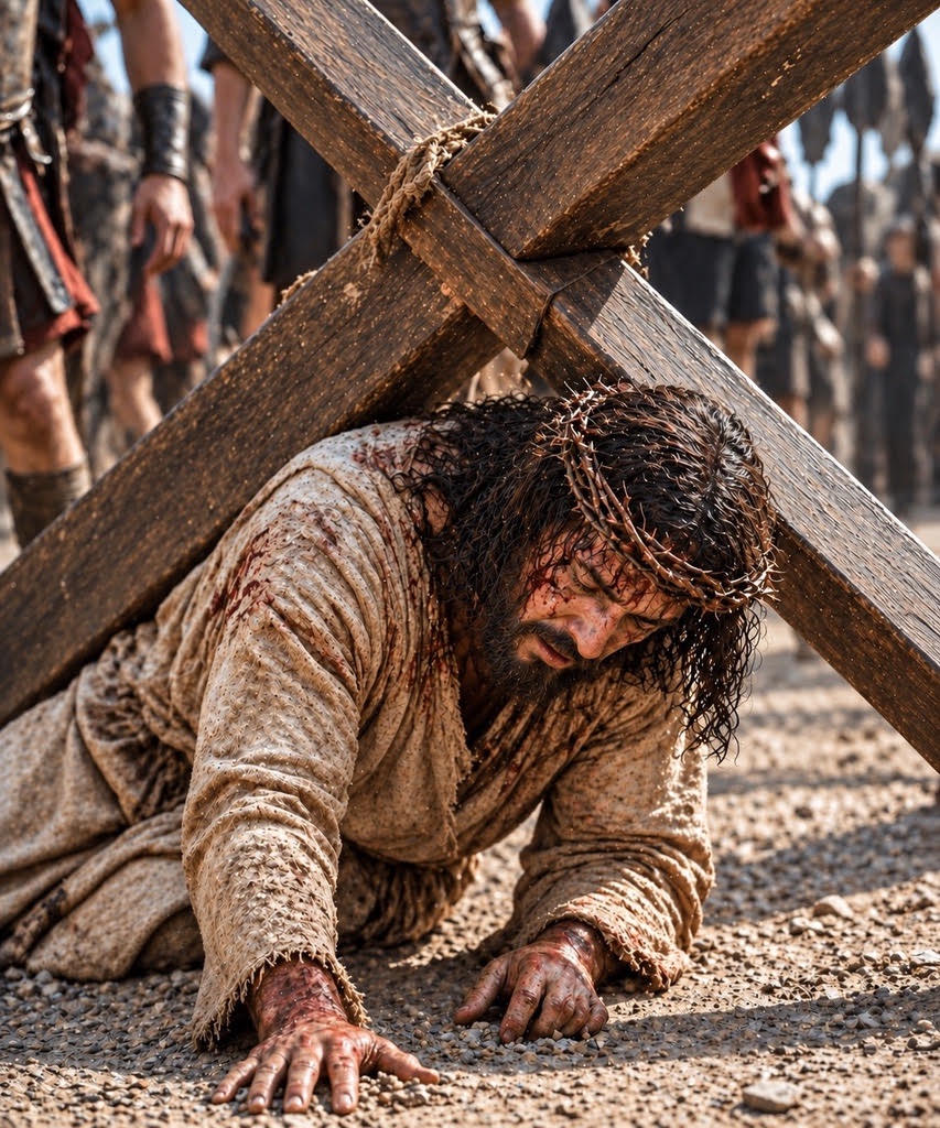 Jesus falls for the third time under the weight of the cross on the way to Calvary.