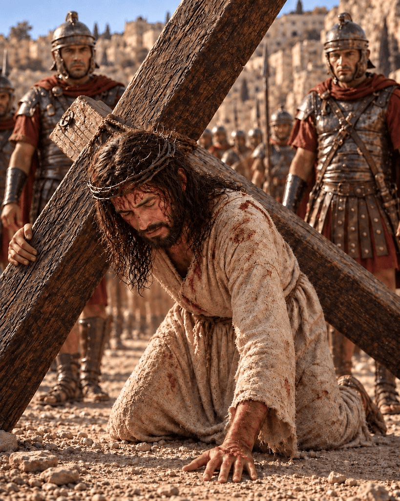 Jesus falls a second time while carrying His cross on the way to Calvary.