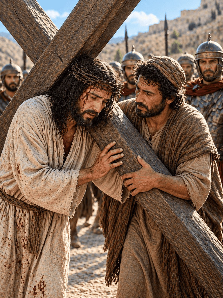 Simon of Cyrene was pressed into service to help Jesus carry the cross