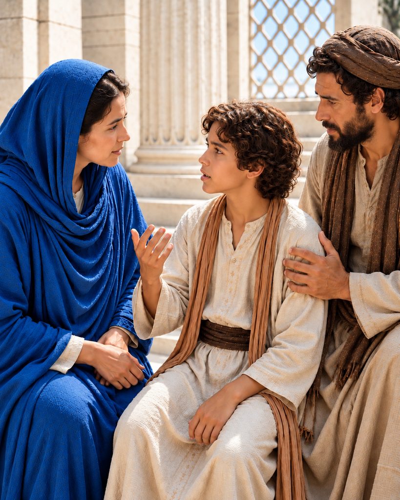 Fifth Joyful Mystery: Young Jesus tells Mary and Joseph, “I must be in my Father’s house,” in the Temple.