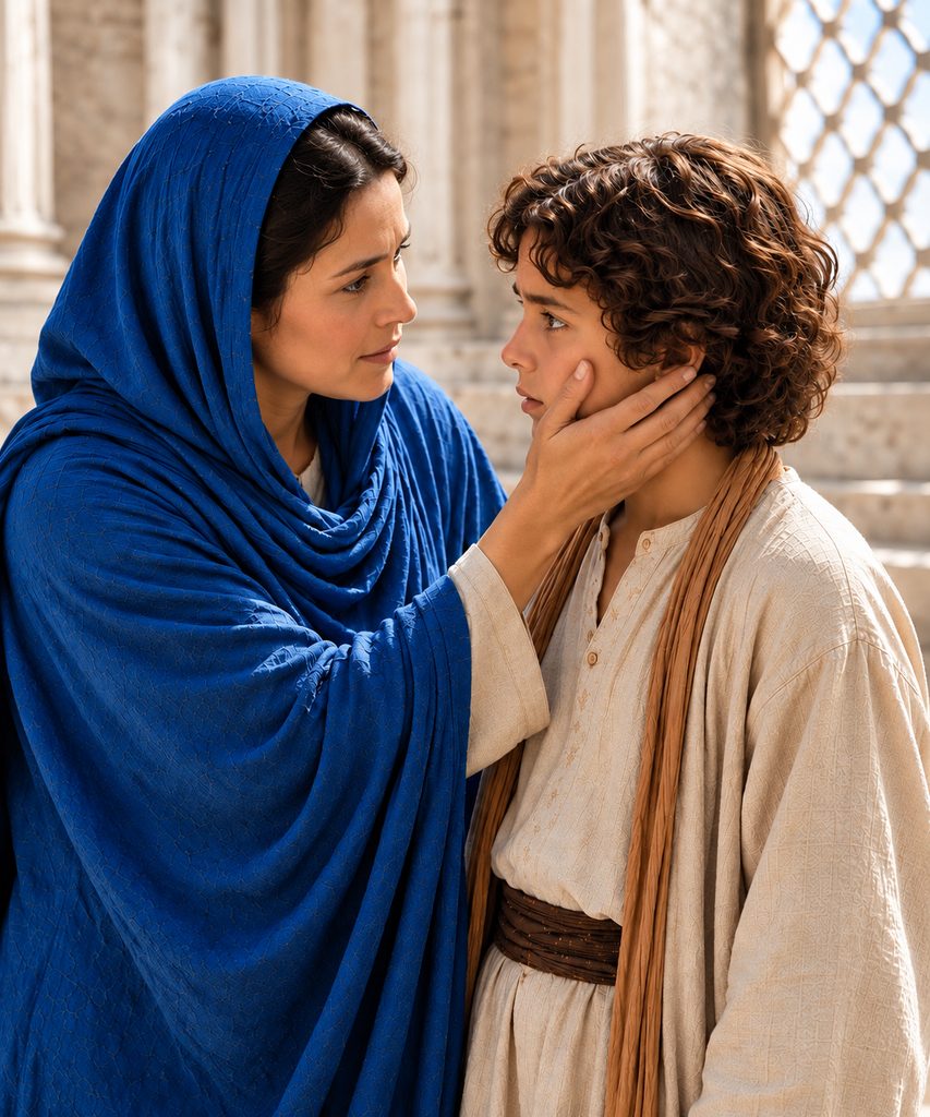 Fifth Joyful Mystery: Mary asks young Jesus, “Son, why have You done this to us?” in the Temple.