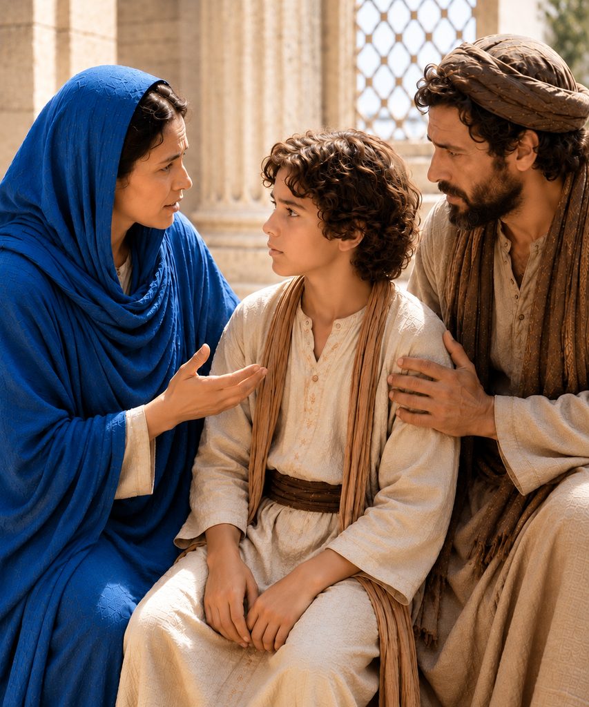 Fifth Joyful Mystery: Mary tells young Jesus, “We have been looking for You with great anxiety,” as Joseph stands beside Him in the Temple.