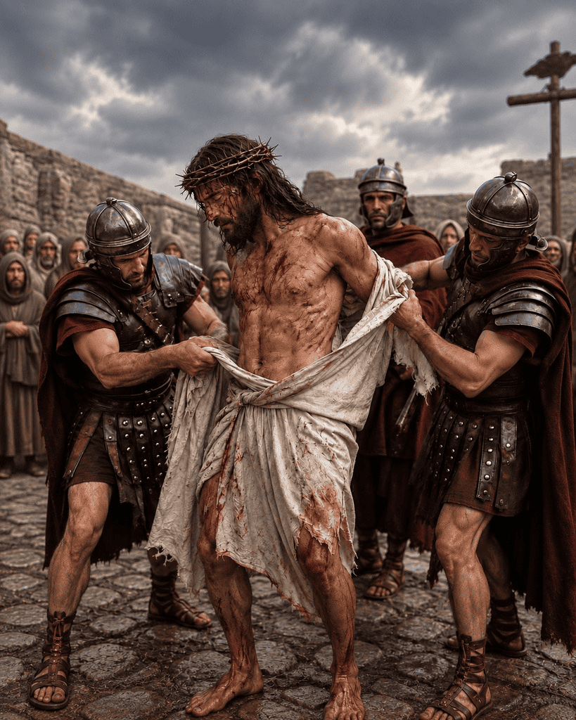 Jesus is stripped of His garments before the Crucifixion.