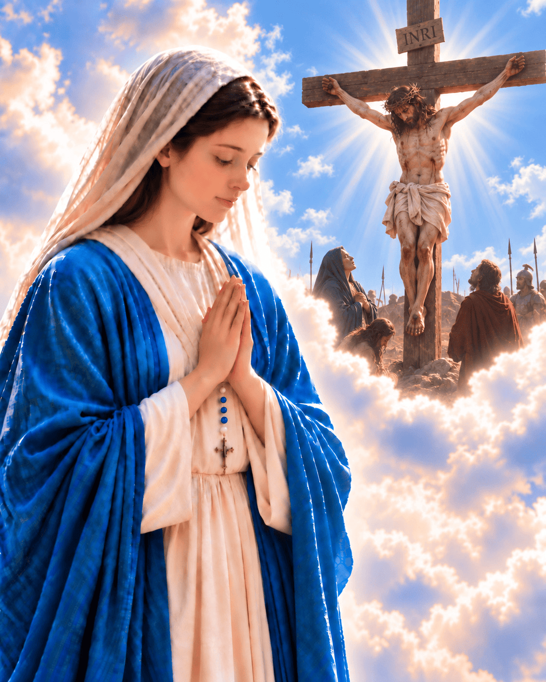 Jesus is crucified on Calvary as Mary prays in sorrow.