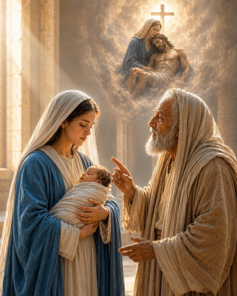 Simeon speaks to Mary as she holds infant Jesus, beneath a vision of Mary cradling Jesus after His death on the cross.